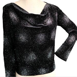 Briggs NY Long Sleeve Cowl Neck Velvet Rhinestone Embellished Top PL Black 53G